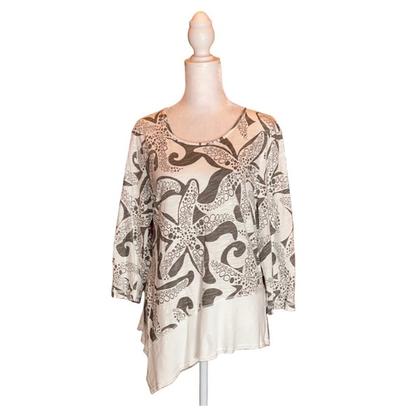 SUN MODA Gray & Cream Starfish Print Asymmetrical 3/4 Sleeve Tunic Top Size S - Picture 3 of 8